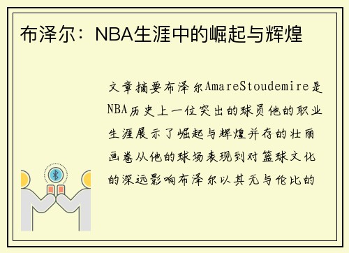 布泽尔：NBA生涯中的崛起与辉煌