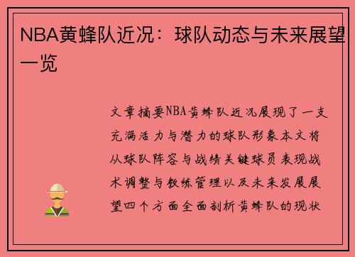 NBA黄蜂队近况：球队动态与未来展望一览